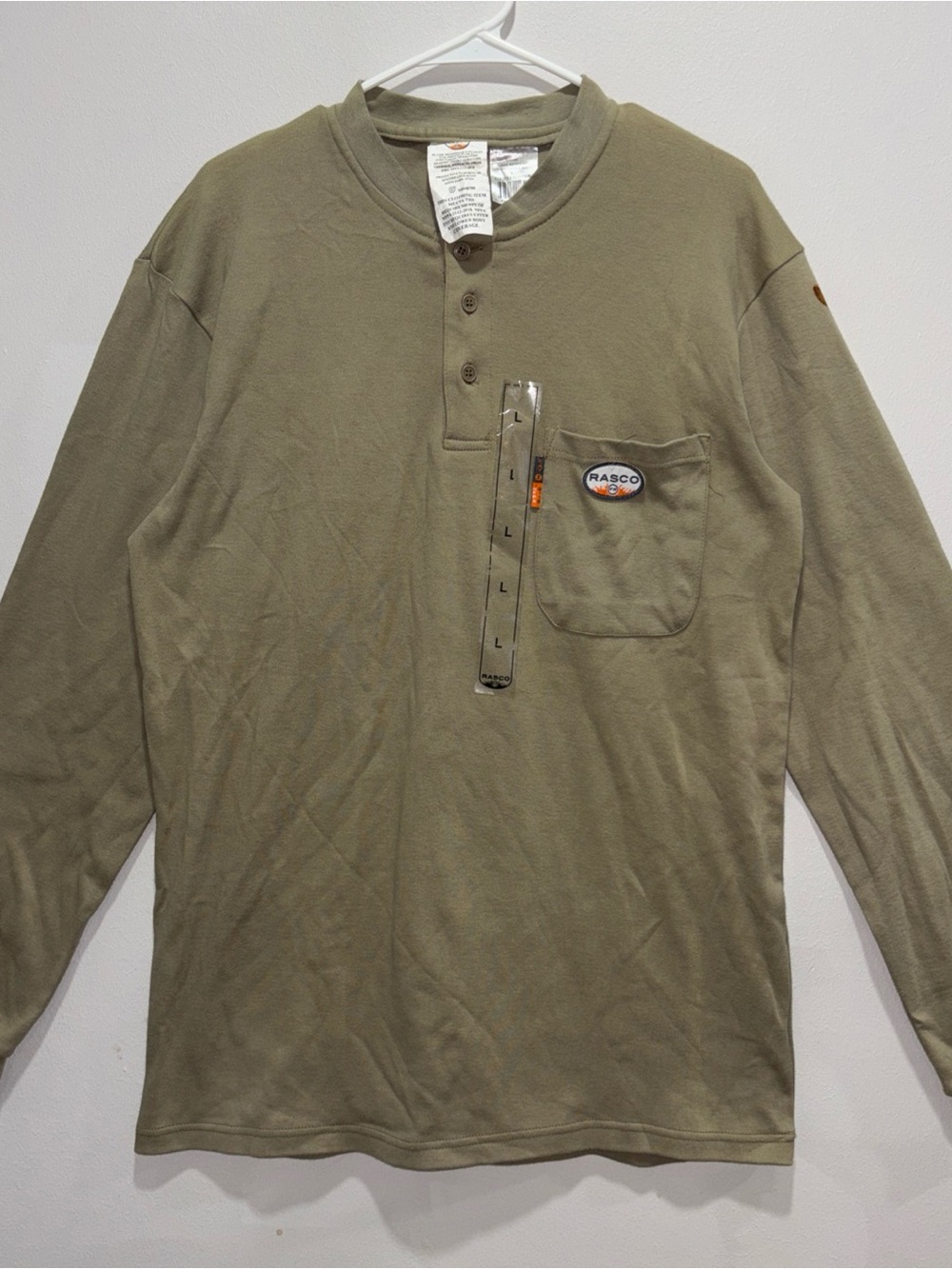 Rasco FR Men’s Khaki Long Sleeve Pocket Henley Shirt Size L 100% Cotton Knit